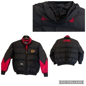 VTG Pro Player Chicago Blackhawks NHL Down Puffer Jacket Mens XL Black Red READ